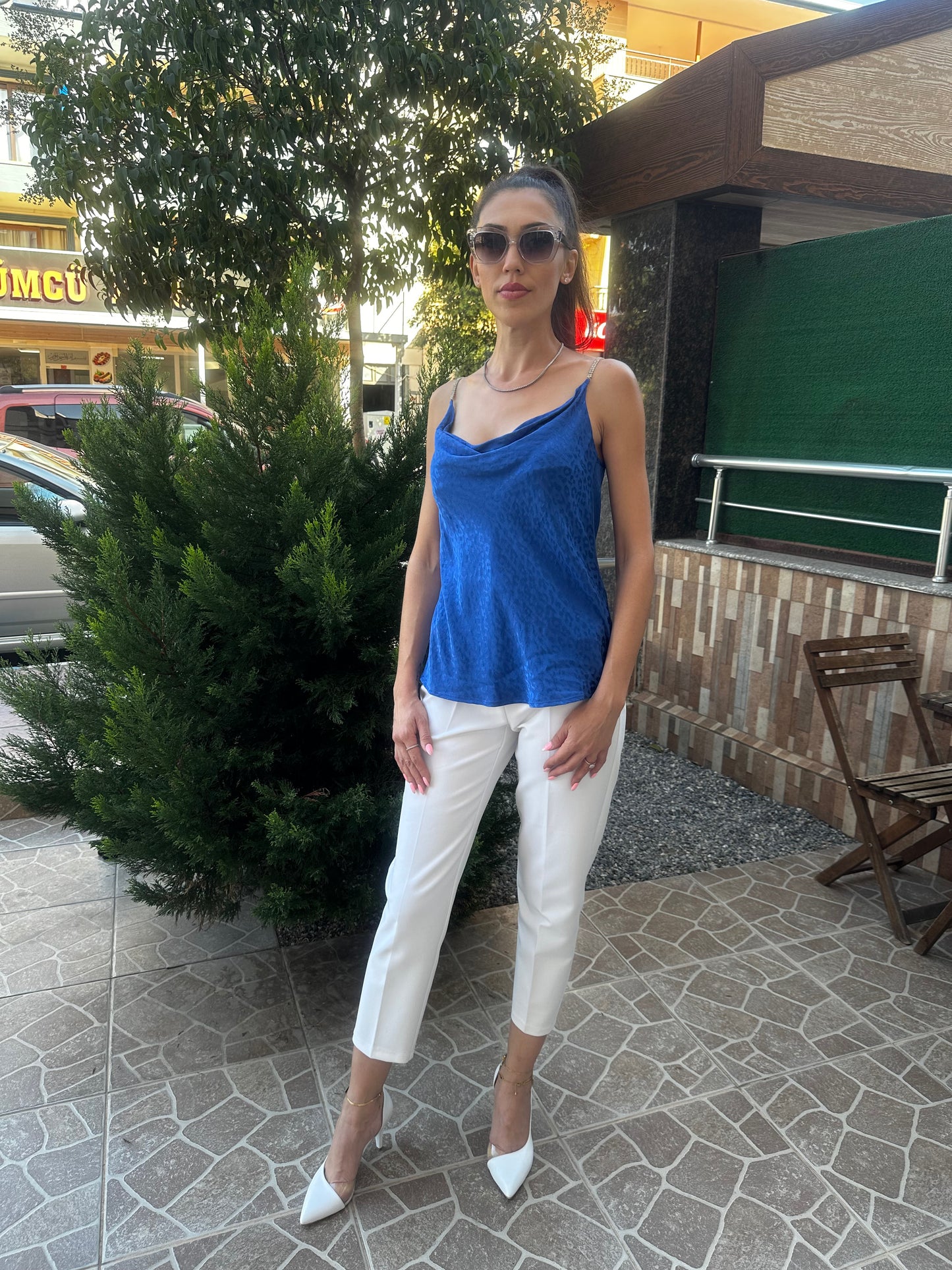 Taş Askılı Saten Bluz - Lagün Moda