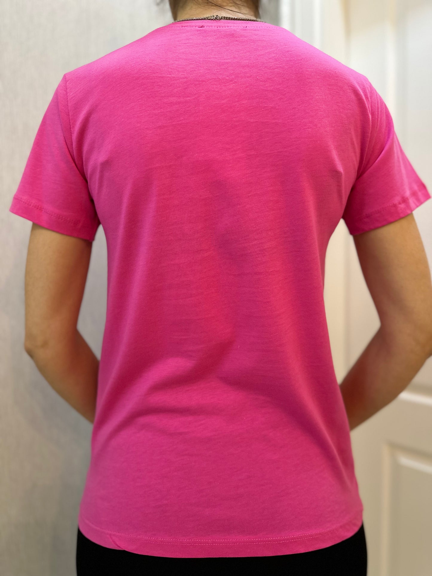Fuşya Pembe Taş İşlemeli Basic Tshirt - Lagün Moda