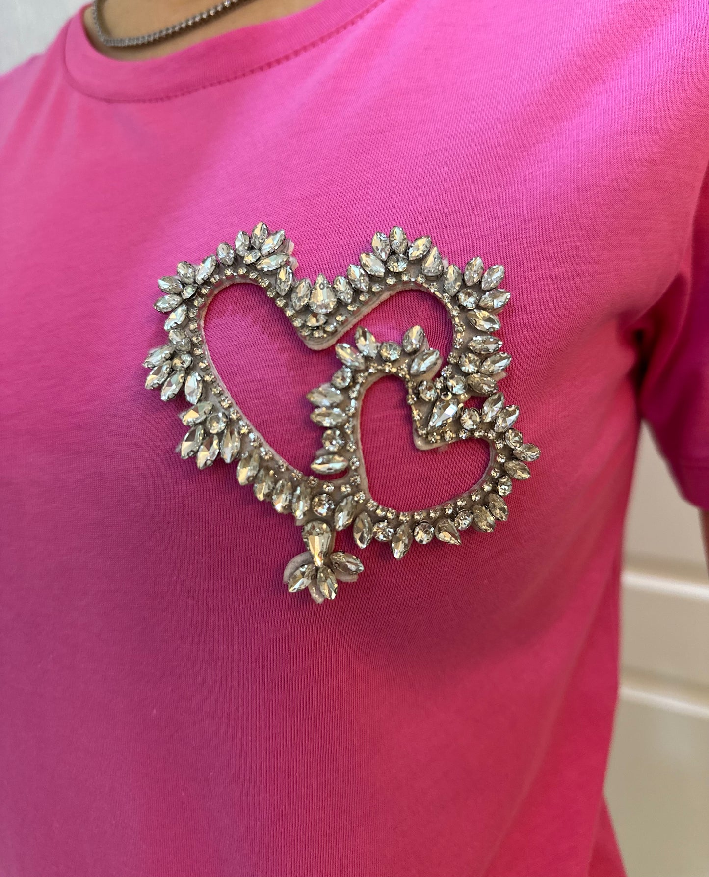 Fuşya Pembe Taş İşlemeli Basic Tshirt - Lagün Moda