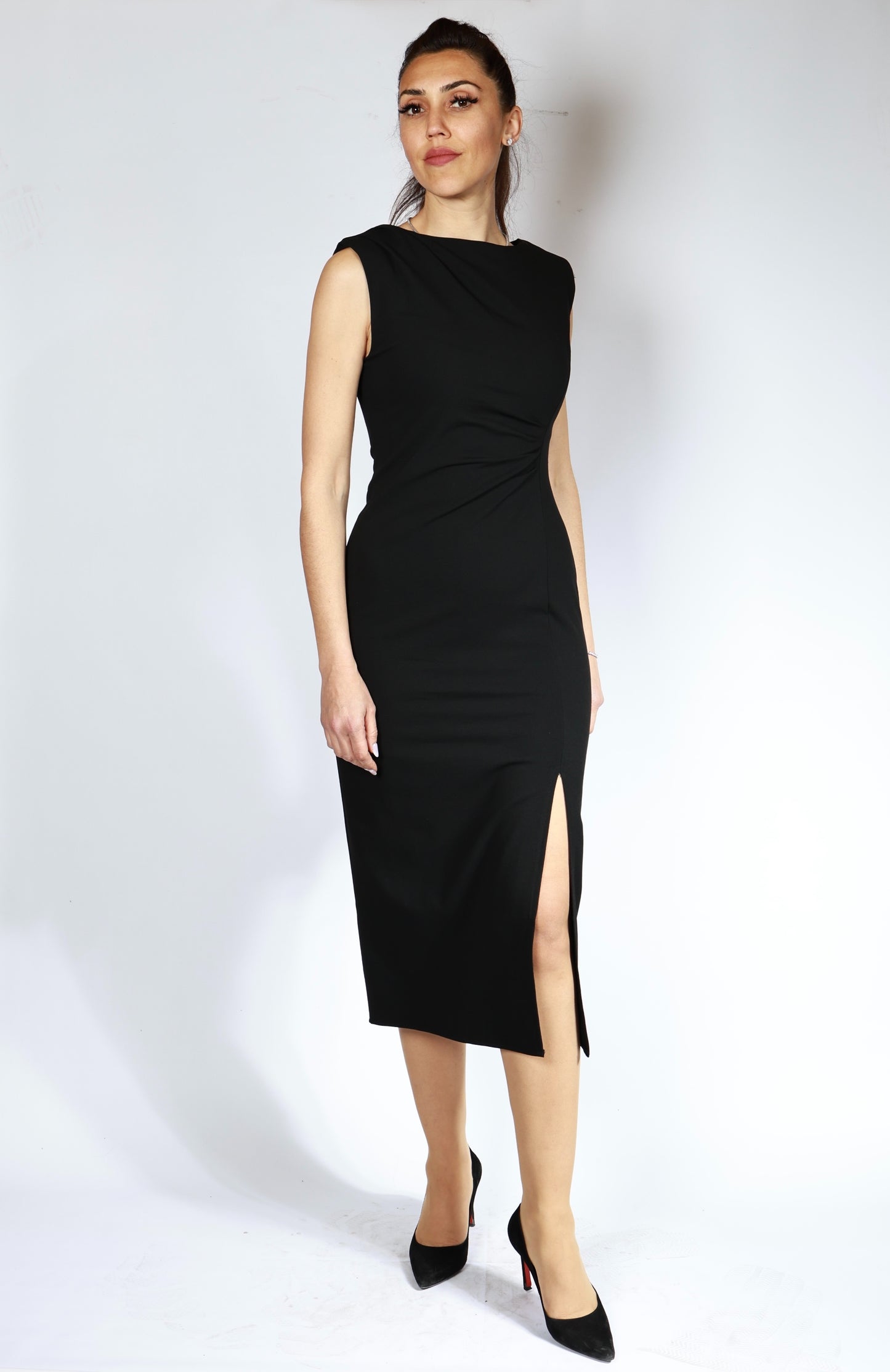 Yırtmaç ve Drape Detaylı Full Esnek Midi Boy Elbise