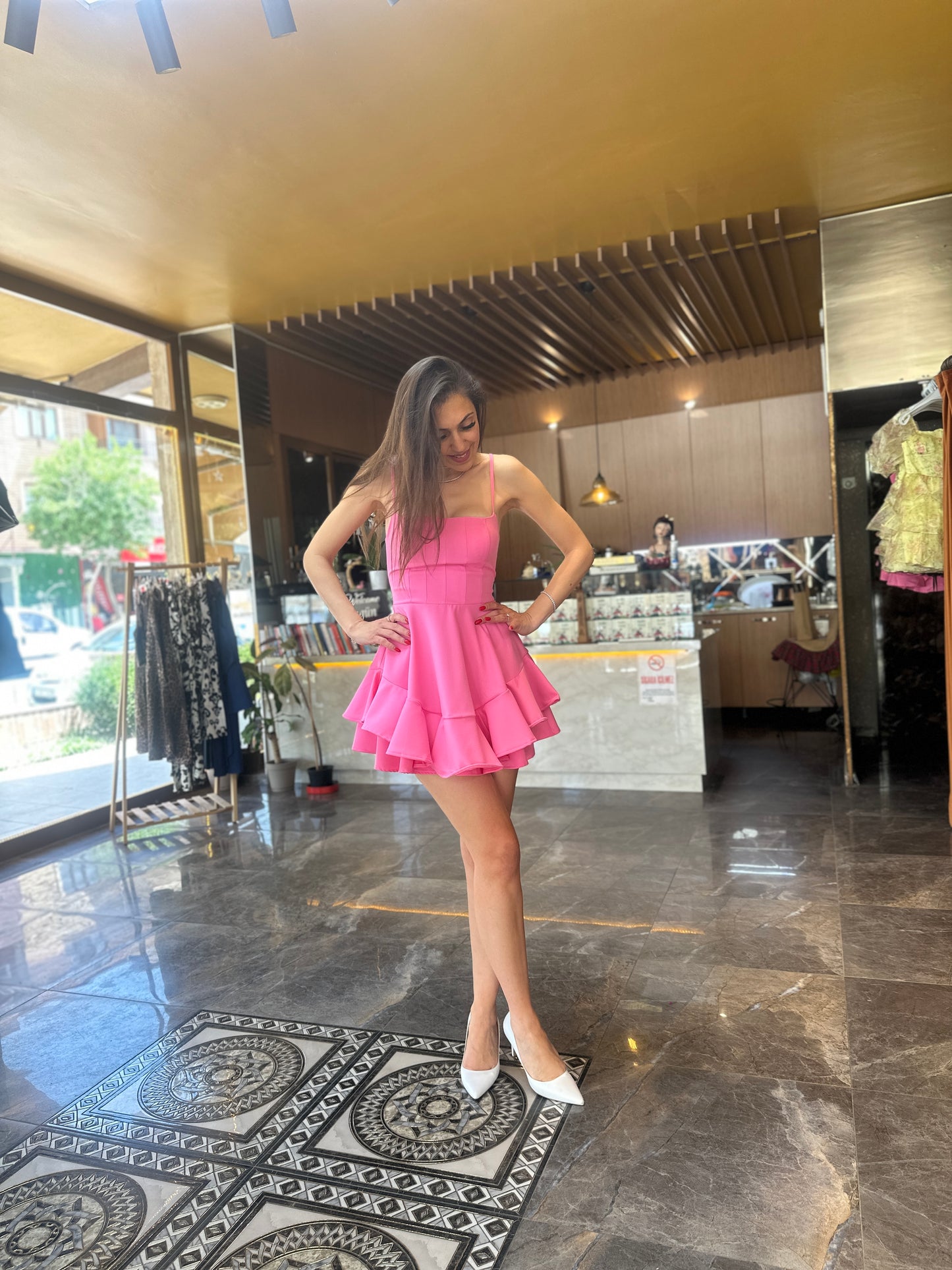 Eteği Volanlı İp Asklılı Mini Pembe Elbise