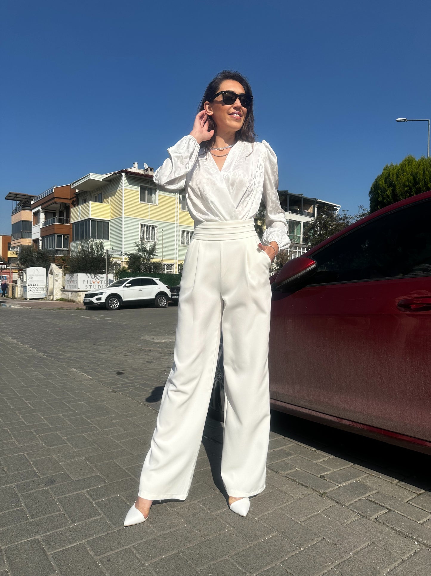 Kendinden Desenli Saten Bodysuit Bluz - Lagün Moda