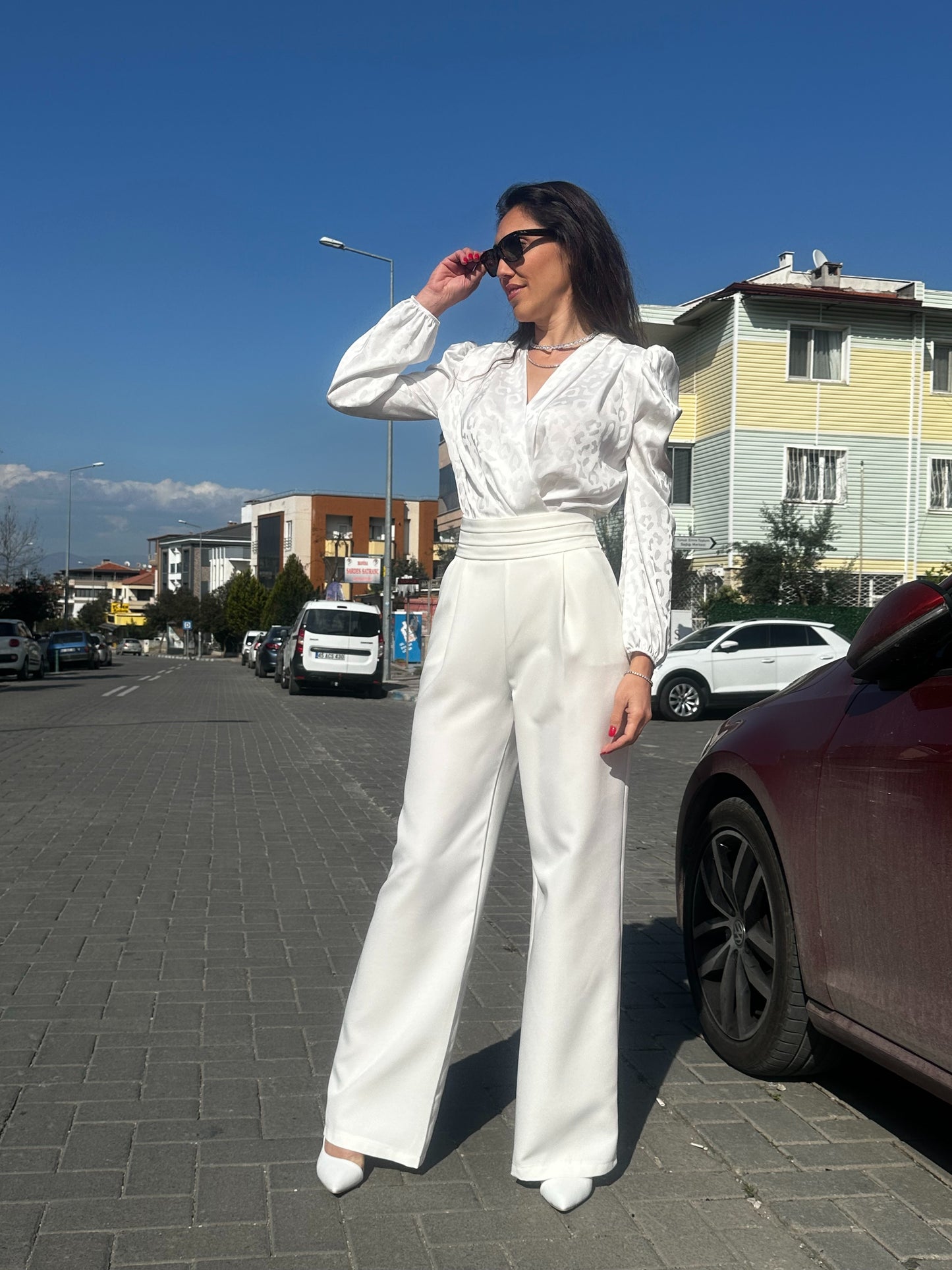 Kendinden Desenli Saten Bodysuit Bluz - Lagün Moda