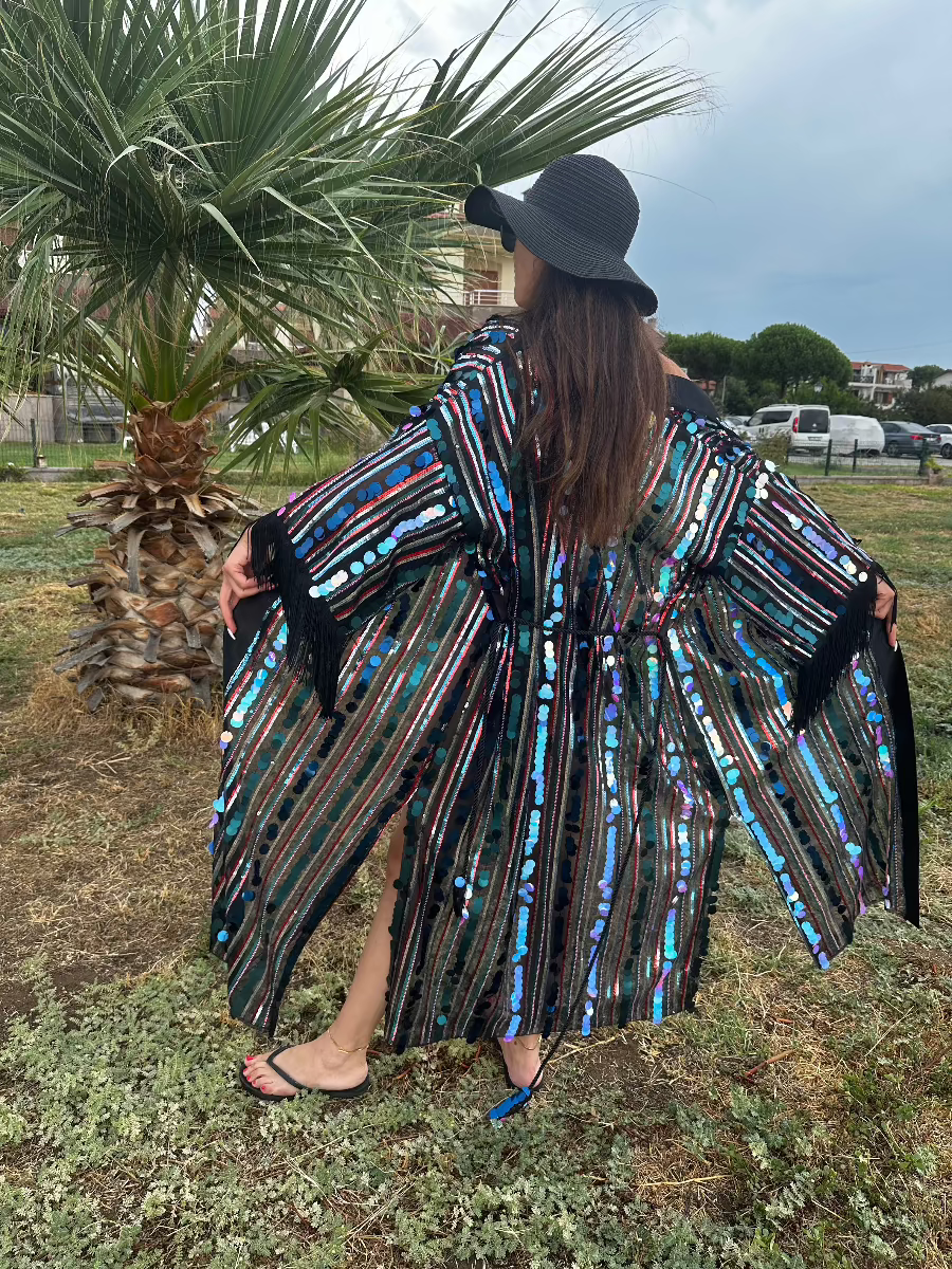 Pul Payet İşlemeli Özel Tasarım Kimono - Lagün Moda