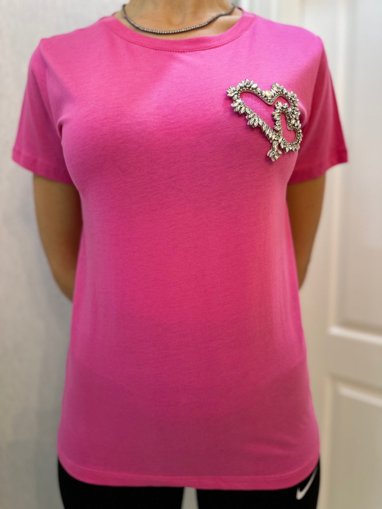 Fuşya Pembe Taş İşlemeli Basic Tshirt - Lagün Moda