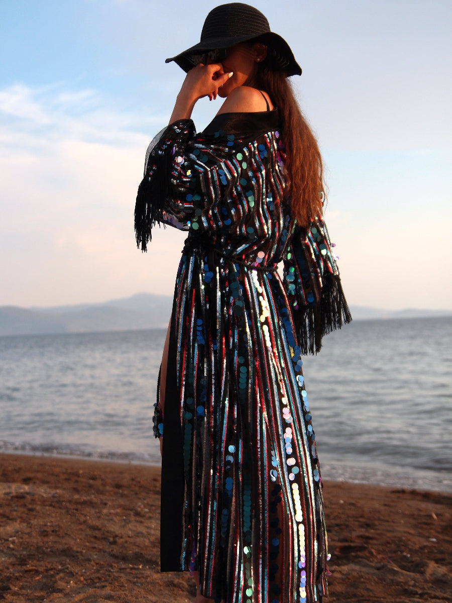 Pul Payet İşlemeli Özel Tasarım Kimono - Lagün Moda