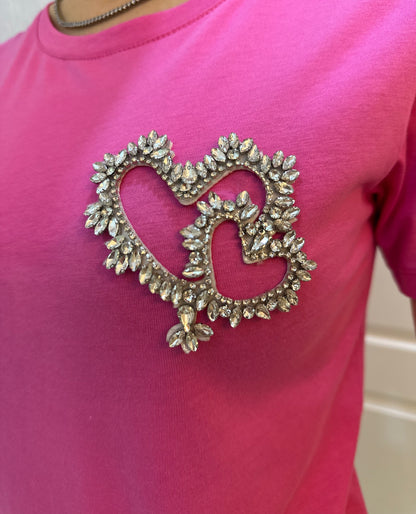 Fuşya Pembe Taş İşlemeli Basic Tshirt - Lagün Moda 