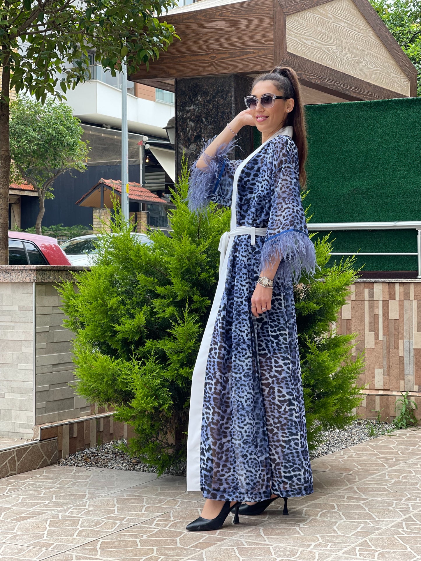 Kolları Otriş Detaylı Mavi Leopar Şifon Kimono