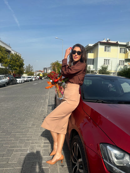 Yüksek Bel Aksesuarlı Vizon Kalem Etek