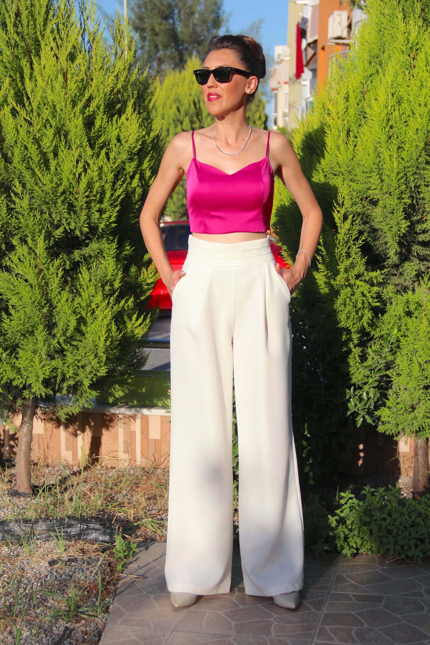 Fuşya Pembe Saten Crop