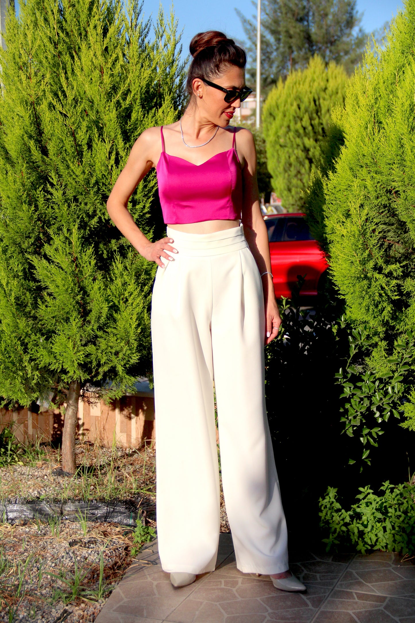 Fuşya Pembe Saten Crop