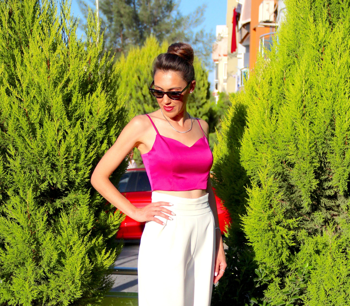 Fuşya Pembe Saten Crop