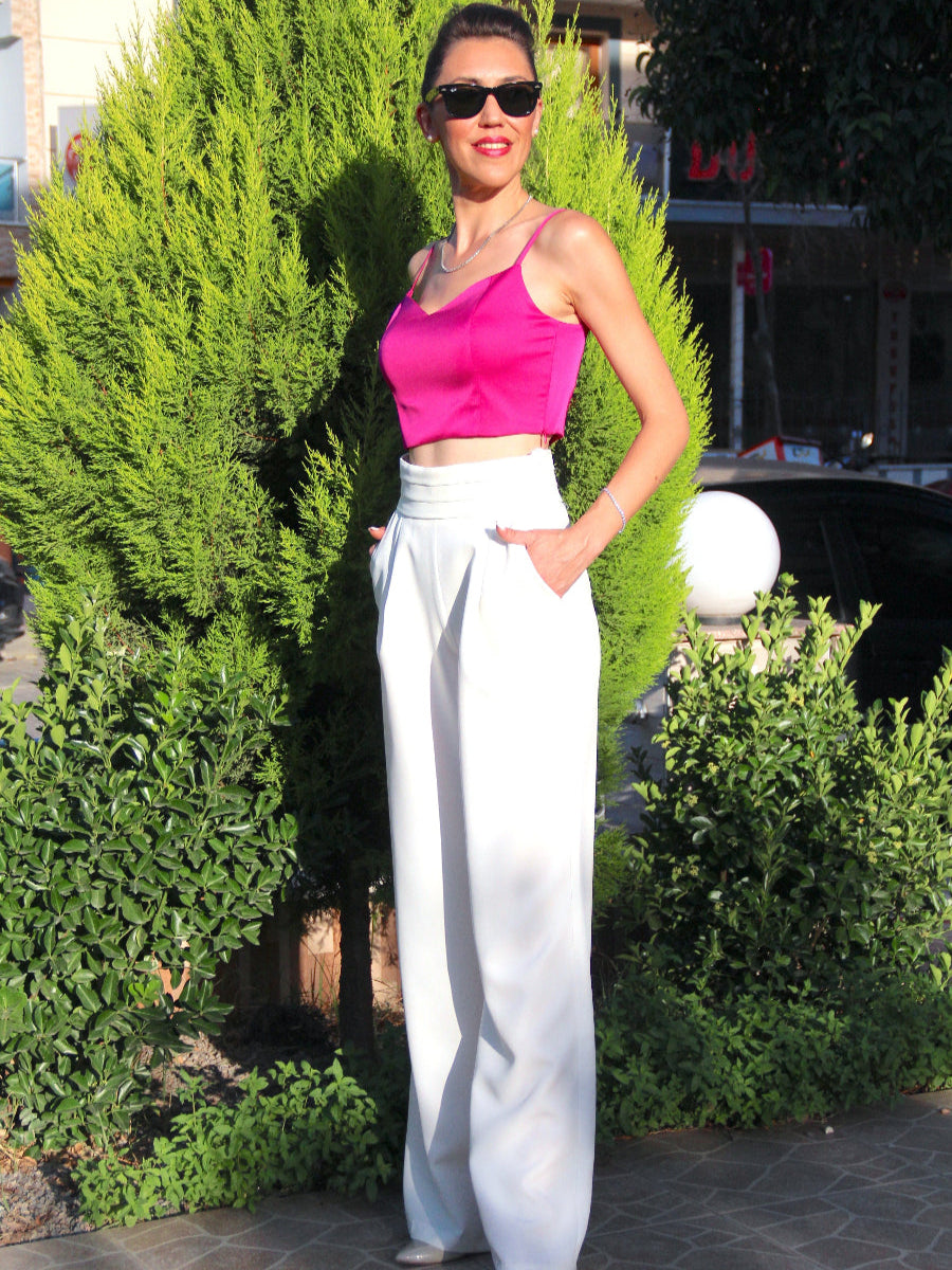 Fuşya Pembe Saten Crop